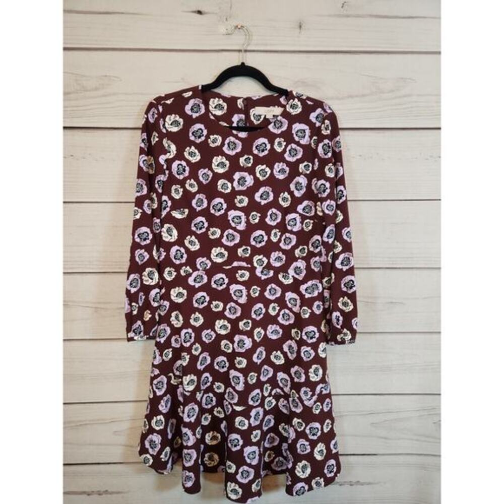 Loft Women's Burgundy Floral Stretch Round Neck‎ Long Sleeve A-Line Mini Dress 6